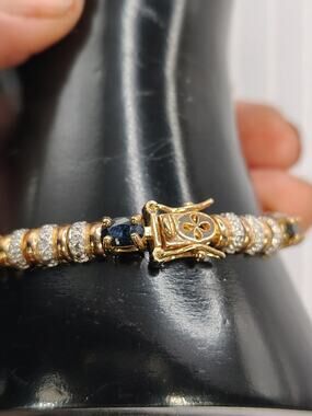 S600 925 Sapphire Tennis Bracelet Set w/Stud Sapphire Earrings Vermeil